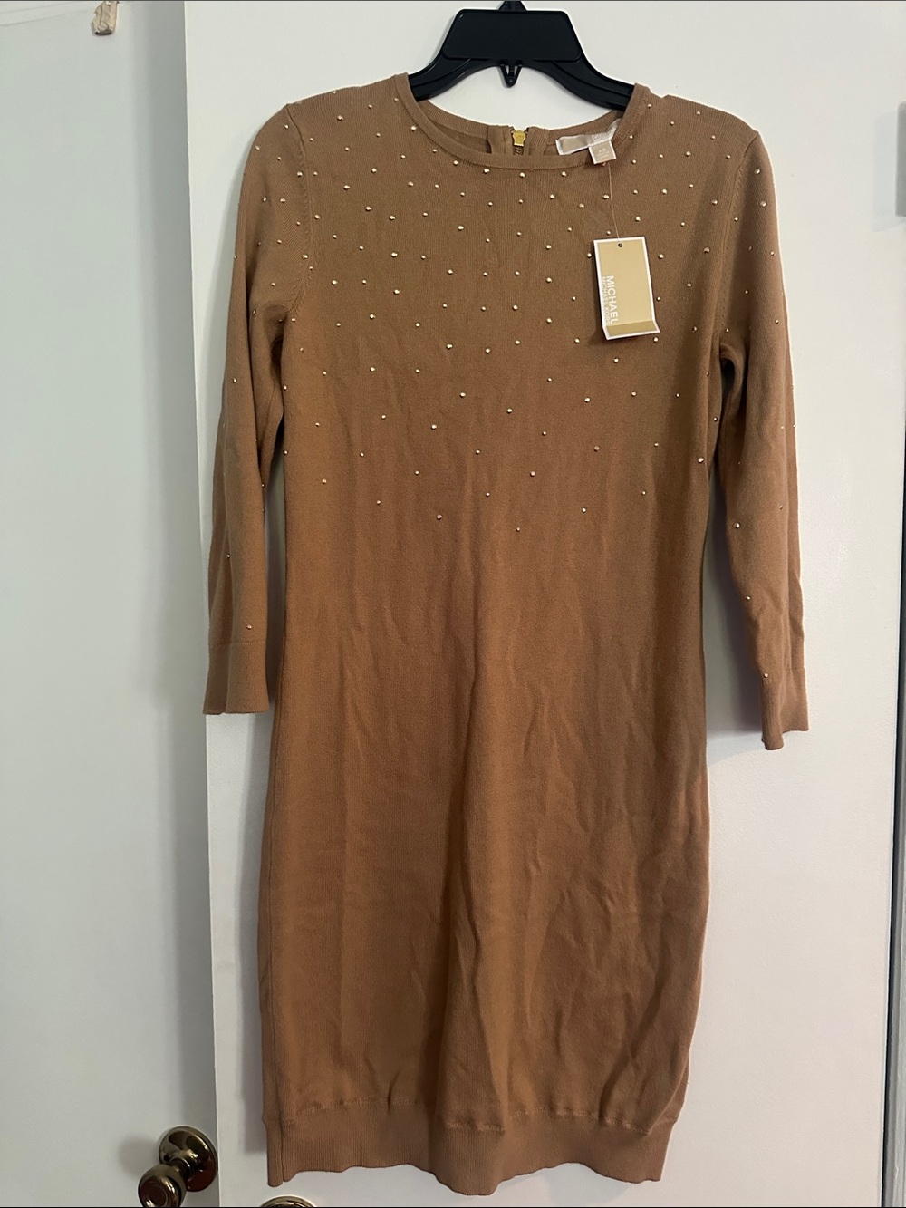 Michael Kors Camel Long-Sleeve Embellished Knit Dress